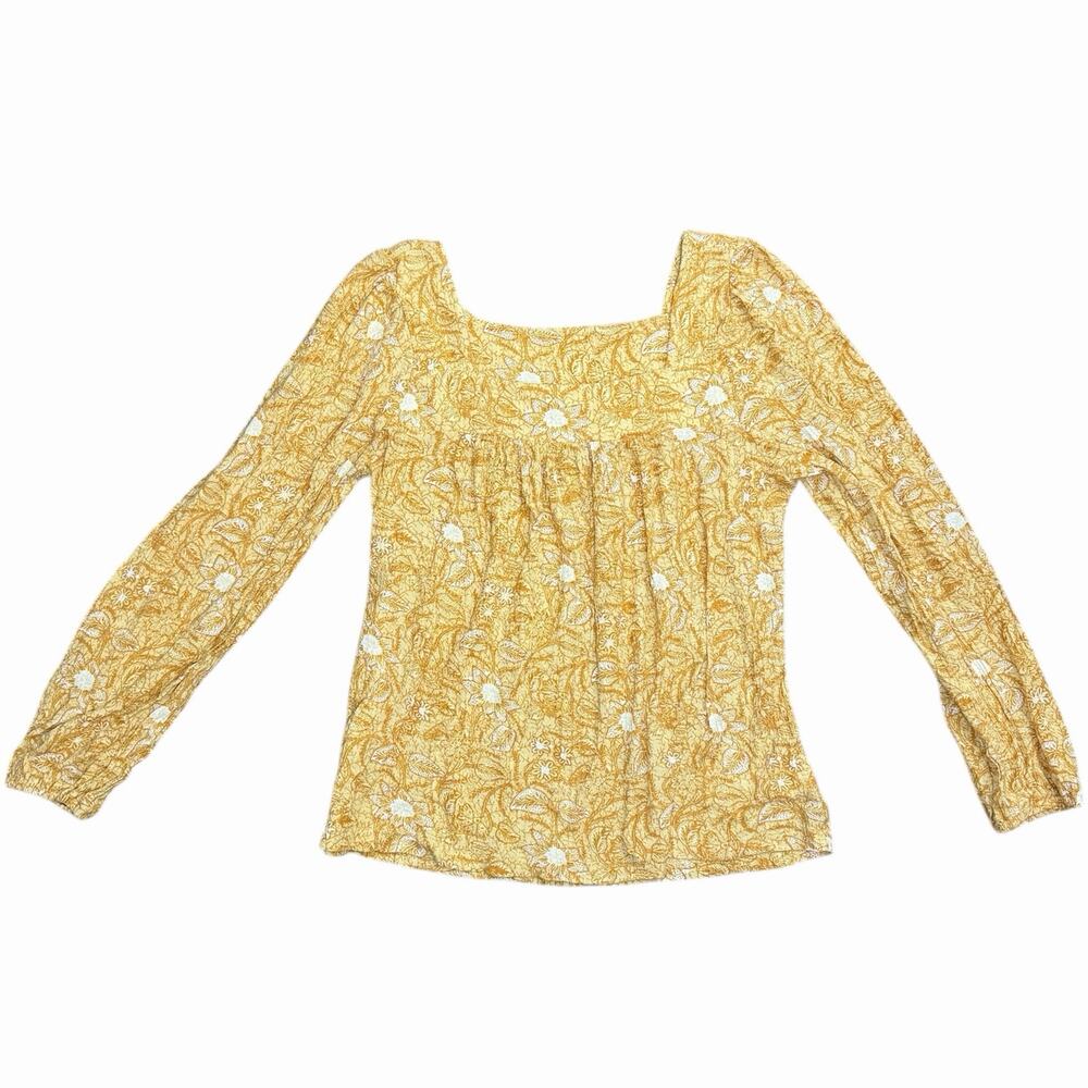 Lucky Brand Yellow Floral Boho Square Neck Long Sleeve Blouse Size Small